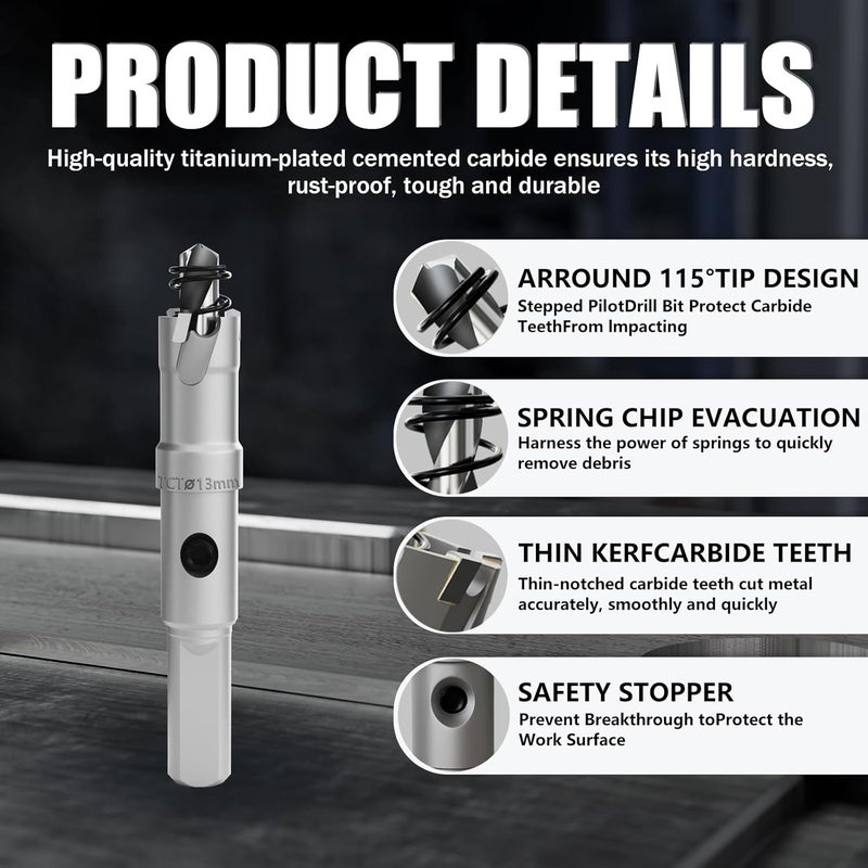 GSTK Heavy Duty Carbide Hole Saw Set, 33/64” (13mm), Extra Deep Cutting Depth of 1.1 Inches (28mm) - Ideal for Stainless Steel, Mild Steel, Iron, Copper, Brass, and Plastic - Image 5
